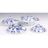 A MEISSEN BLUE AND WHITE LARGE TWO HANDLED TUREEN AND COVER 29.5CM ACROSS, A MATCHING CIRCULAR