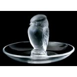 R. LALIQUE, CLEAR AND FROSTED REPACE CENDRIER modelled as a seated bird etched with signature in