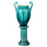 A RARE EXHIBITION TURQUOISE AND YELLOW GLAZED LINTHORPE JARDINIERE ON STAND OF LARGE SIZE DESIGNED
