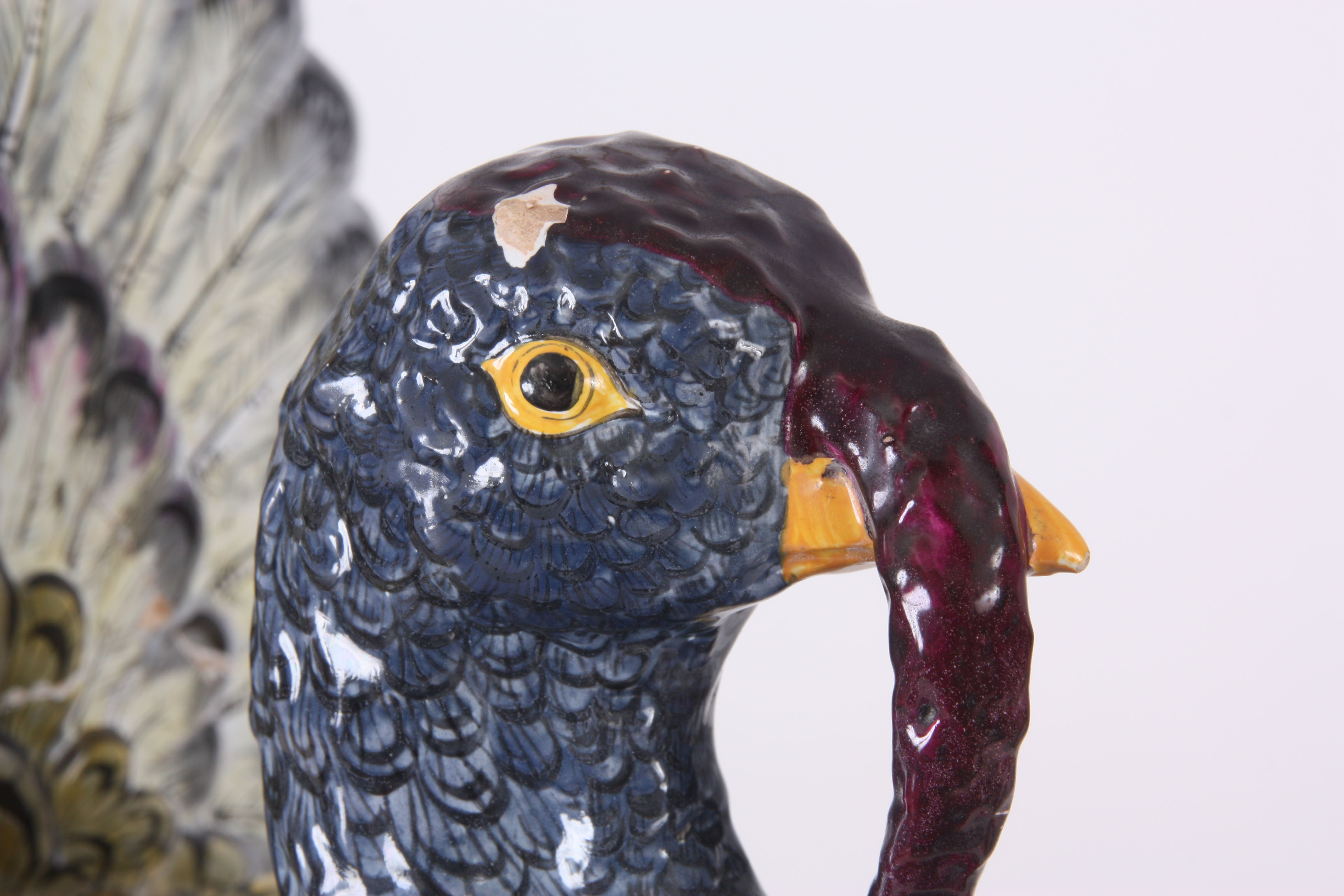 AN ANTIQUE FAIENCE POTTERY TIN-GLAZED EARTHENWARE MODEL OF A TURKEY with brightly coloured - Image 2 of 11