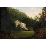 19TH CENTURY OIL ON CANVAS country house scene 16cm high 24cm wide - initialled R.O.M.M. and in