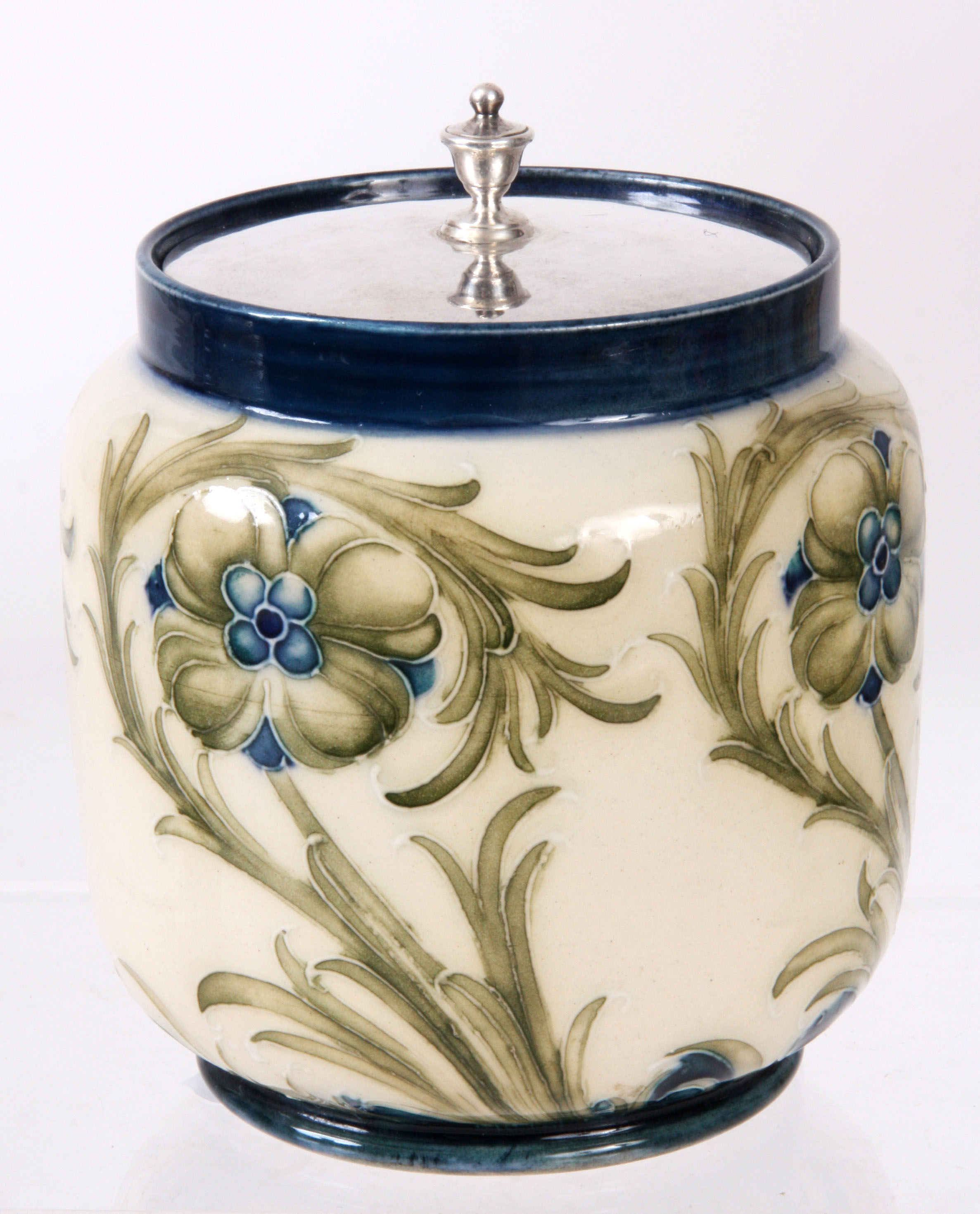 A MOORCROFT MACINTYRE PRESERVE POT having an unusual rare floral decoration, with a silvered