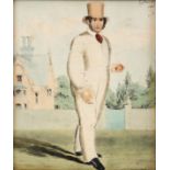 19TH CENTURY WATERCOLOUR OF A CRICKETER 28cm by 23.5cm signed Clark and dated 1852 - glazed ebonised