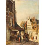 OIL ON CANVAS. Village scene 39.5cm high 29.5cm wide - in moulded gilt frame