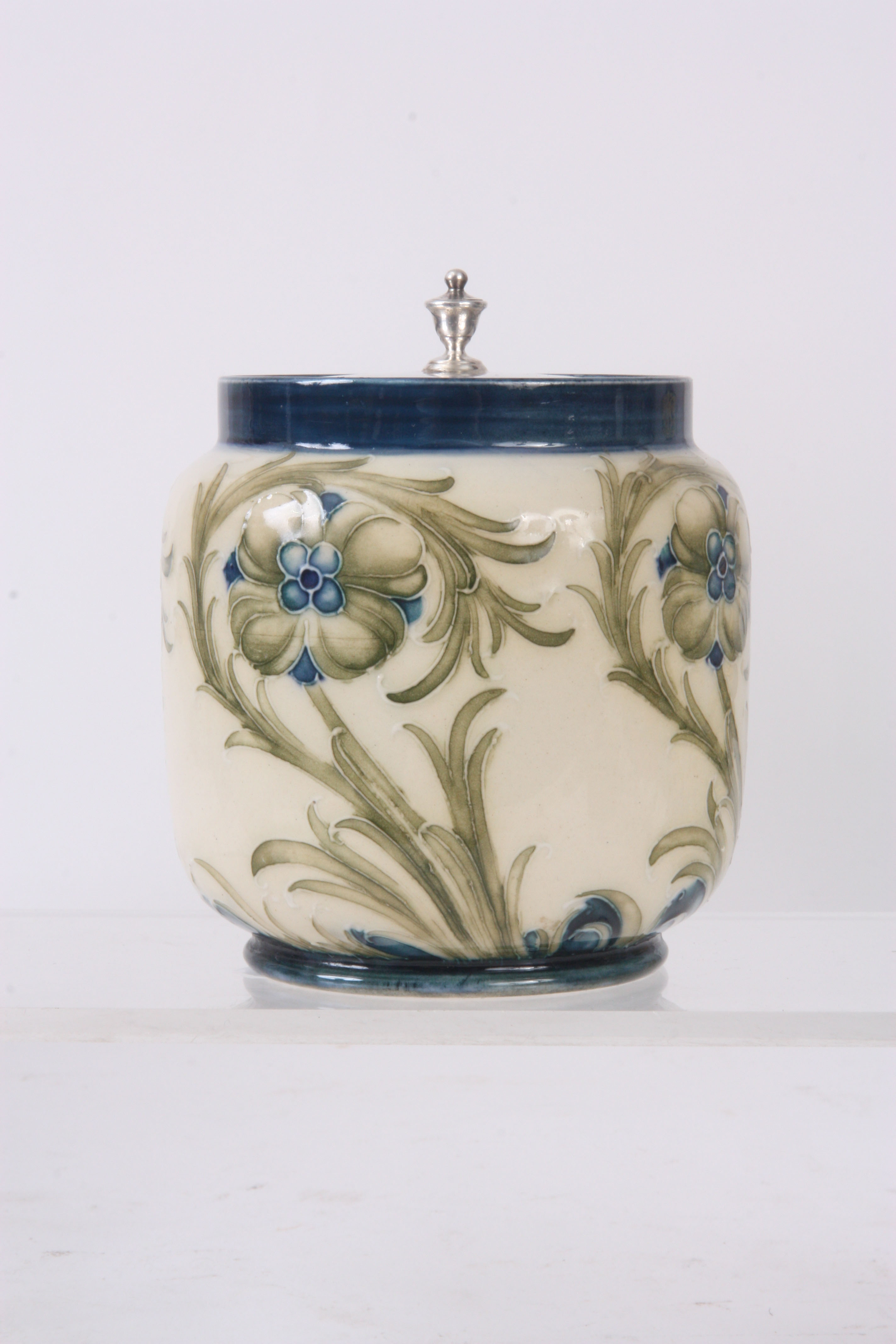 A MOORCROFT MACINTYRE PRESERVE POT having an unusual rare floral decoration, with a silvered - Image 2 of 4