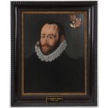 17TH CENTURY ENGLISH SCHOOL - OIL ON OAK PANEL bust portrait of Sir France Drake with coat of arms