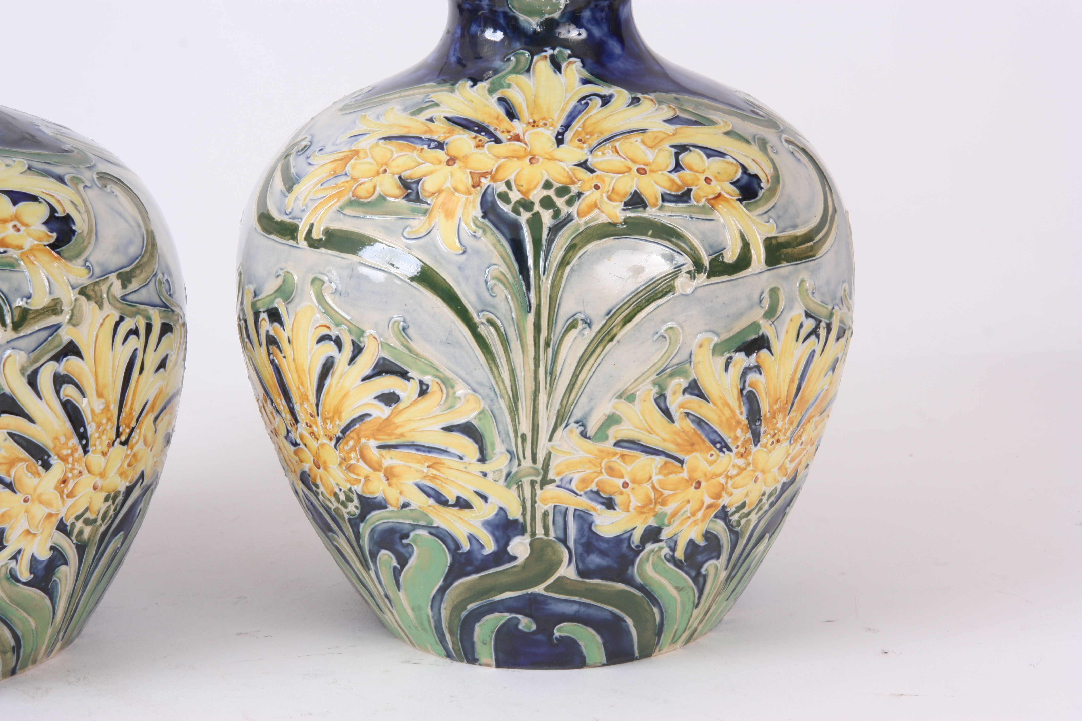 WILLIAM MOORCROFT, A LARGE PAIR OF FLORIAN GROUND MOORCROFT BULBOUS VASES tubeline decorated with - Image 5 of 7