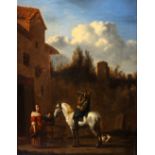 AN 18th CENTURY OIL ON PANEL. A man on horseback drinking outside a tavern 42cm high 32.5cm wide -