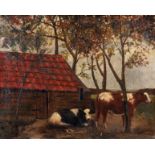 B. VISSCHER. OIL ON CANVAS. Farm scene with cows and barn 34cm high 43cm wide - in oak moulded