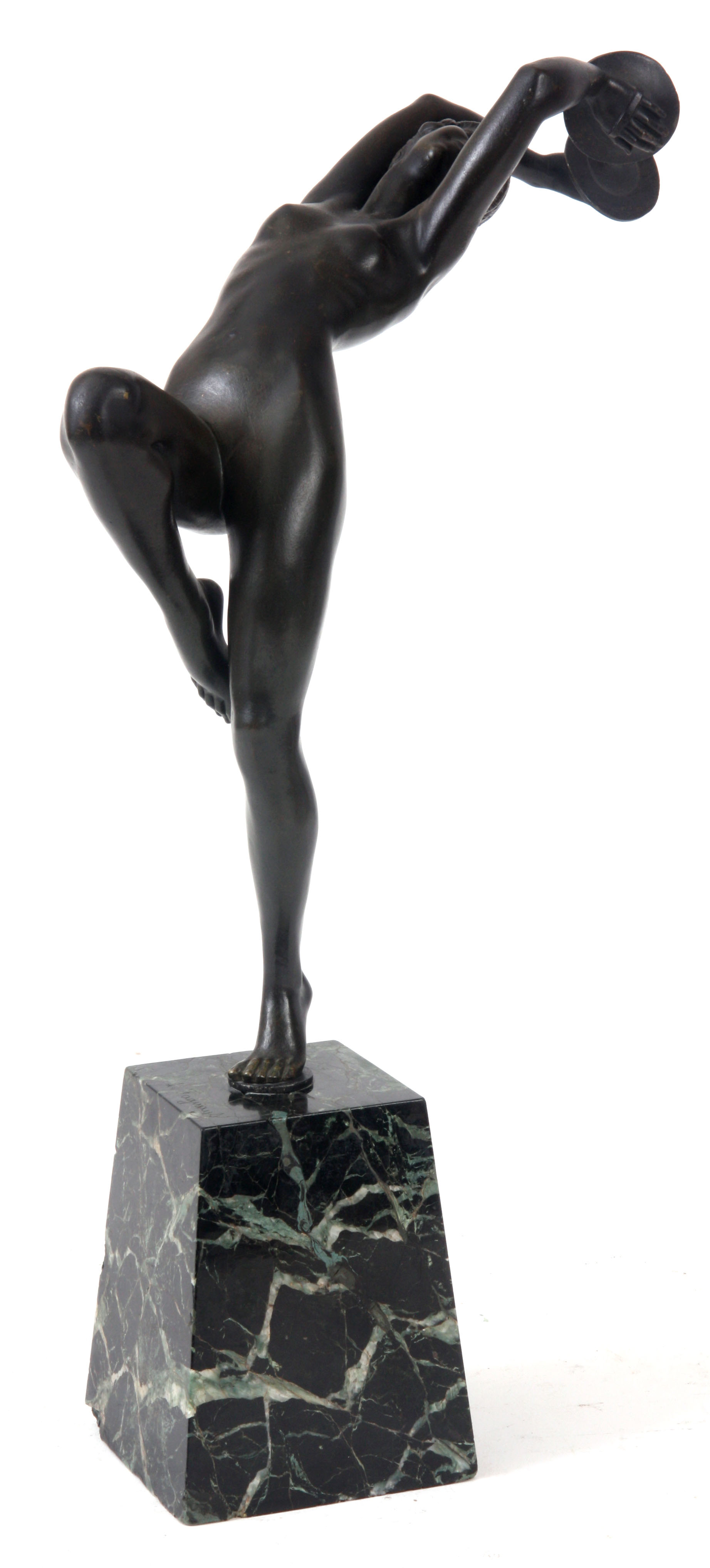 PIERRE LE FAGUAYS 1892 - 1962. A FRENCH ART DECO PATINATED BRONZE SCULPTURE formed as nude dancer