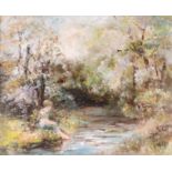 MAY HUTCHINSON b.1914 OIL ON CANVAS river scene with young boy fishing 44cm high 54cm wide -