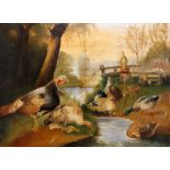 M. VAN DE VELDE. OIL ON CANVAS. Dutch country scene with turkeys ducks and peacock drinking by a