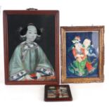 THREE LATE 19TH CENTURY CHINESE PAINTINGS ON GLASS PANELS depicting a young female portrait and