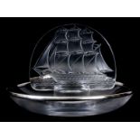 R.LALIQUE, CARAVELLE CENDRIER with contemporary silver stamped rim modelled as a Galleon etched in