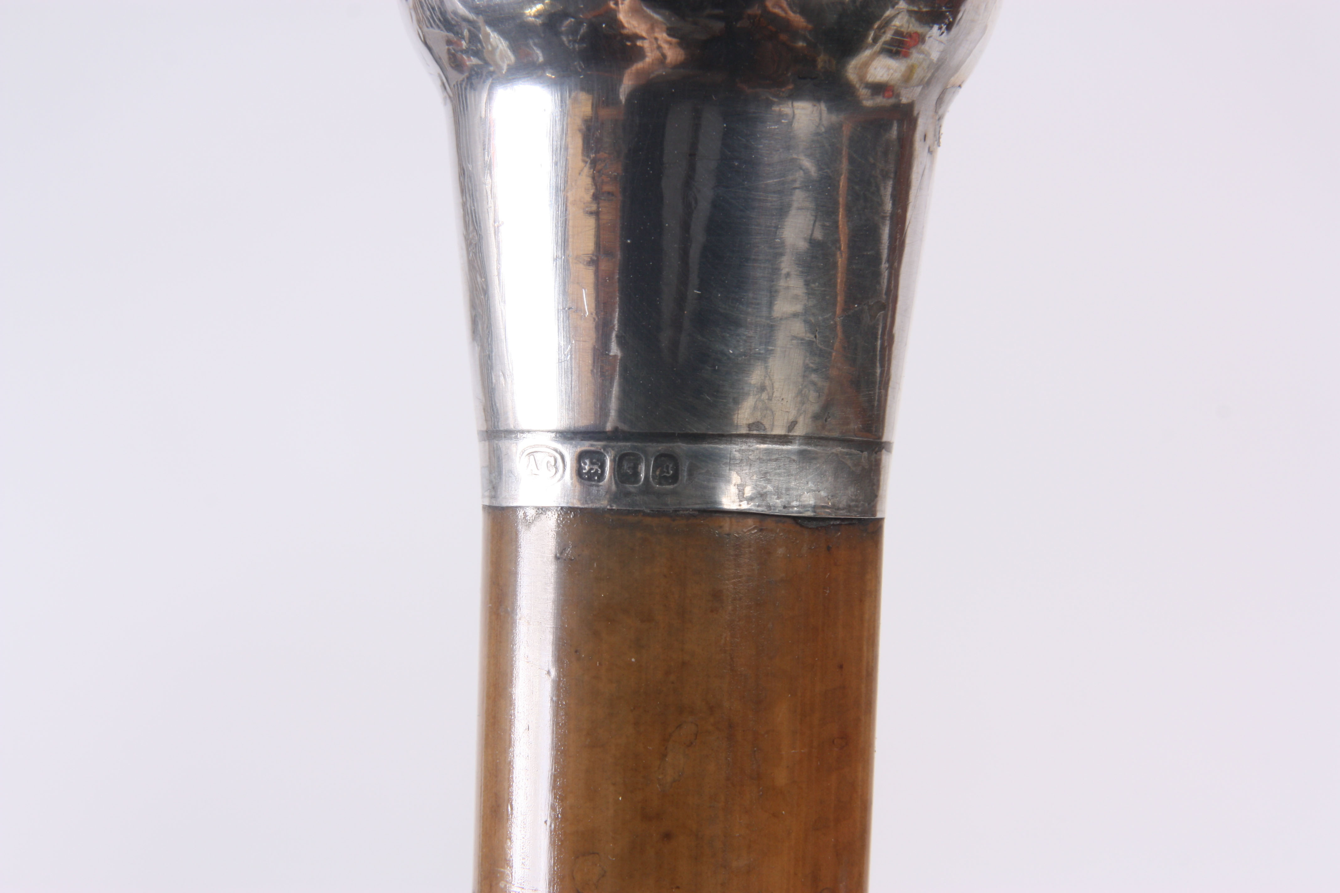 AN EARLY 19TH CENTURY MALACCA SILVER MOUNTED SWORD STICK with engraved steel blade and plain - Image 2 of 7