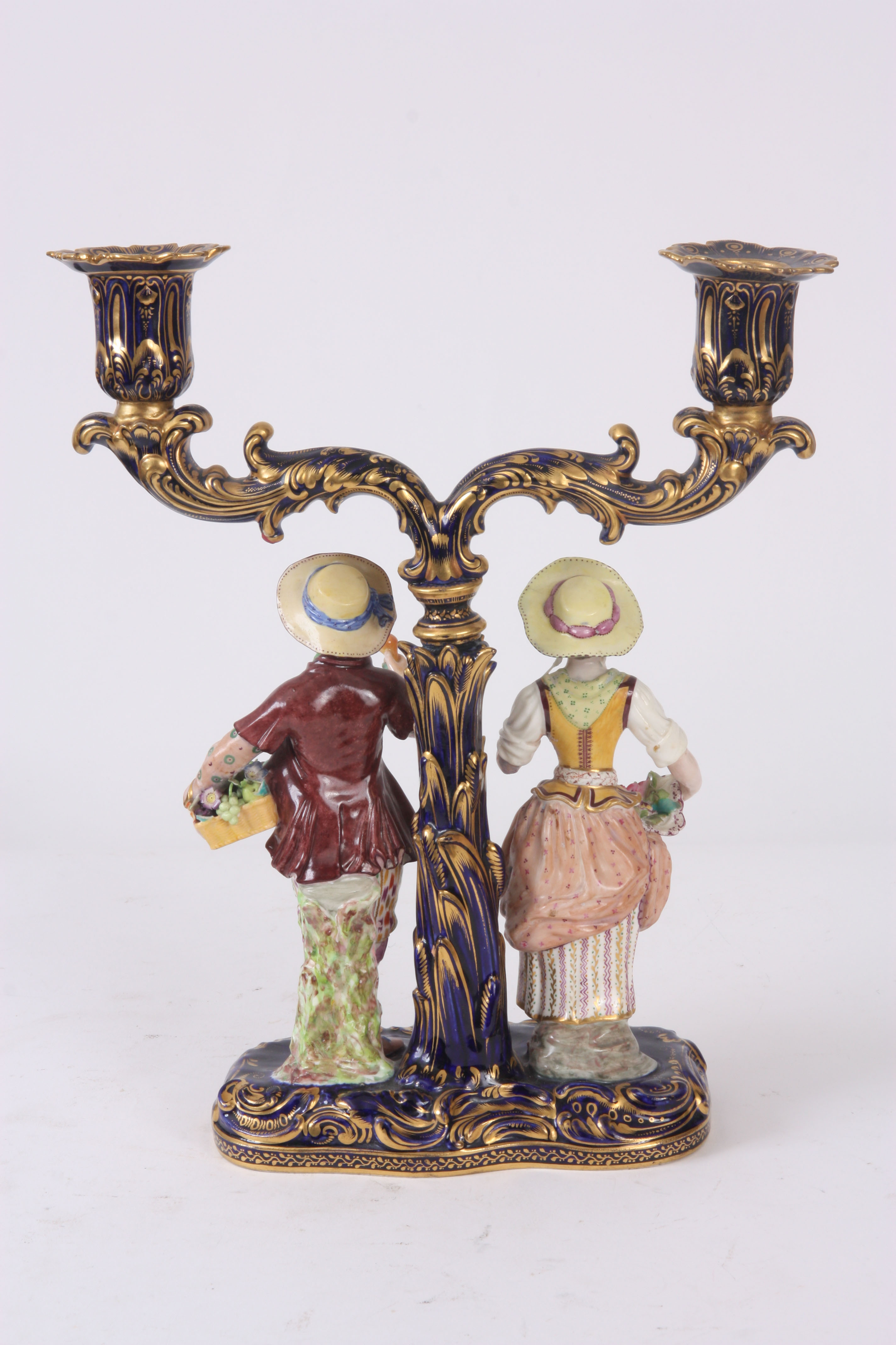 A 19TH CENTURY MINTON TWO BRANCH CANDELABRA on Royal blue ground with gilt decoration, supporting - Image 8 of 8