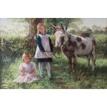 (AR) ROBERT KITCHEN 1949 - 2009 OIL ON CANVAS Young girls with donkey in country setting 70cm high