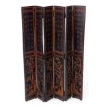 An 18TH/19TH CENTURY CHINESE CARVED WOODEN LACQUERED AND GILT FOLDING SCREEN 120cm wide when open