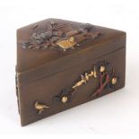 A SMALL MEIJI PERIOD JAPANESE PATINATED BRONZE TAPERING LIDDED BOX with applied silver and gilt