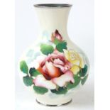 AN EARLY 20th CENTURY JAPANESE CLOISONNÉ SILVER RIMMED BULBOUS VASE on cream ground decorated with