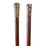 TWO EARLY 19TH CENTURY WALKING STICKS with Silver and Rosewood chequer strug inlaid handle and a