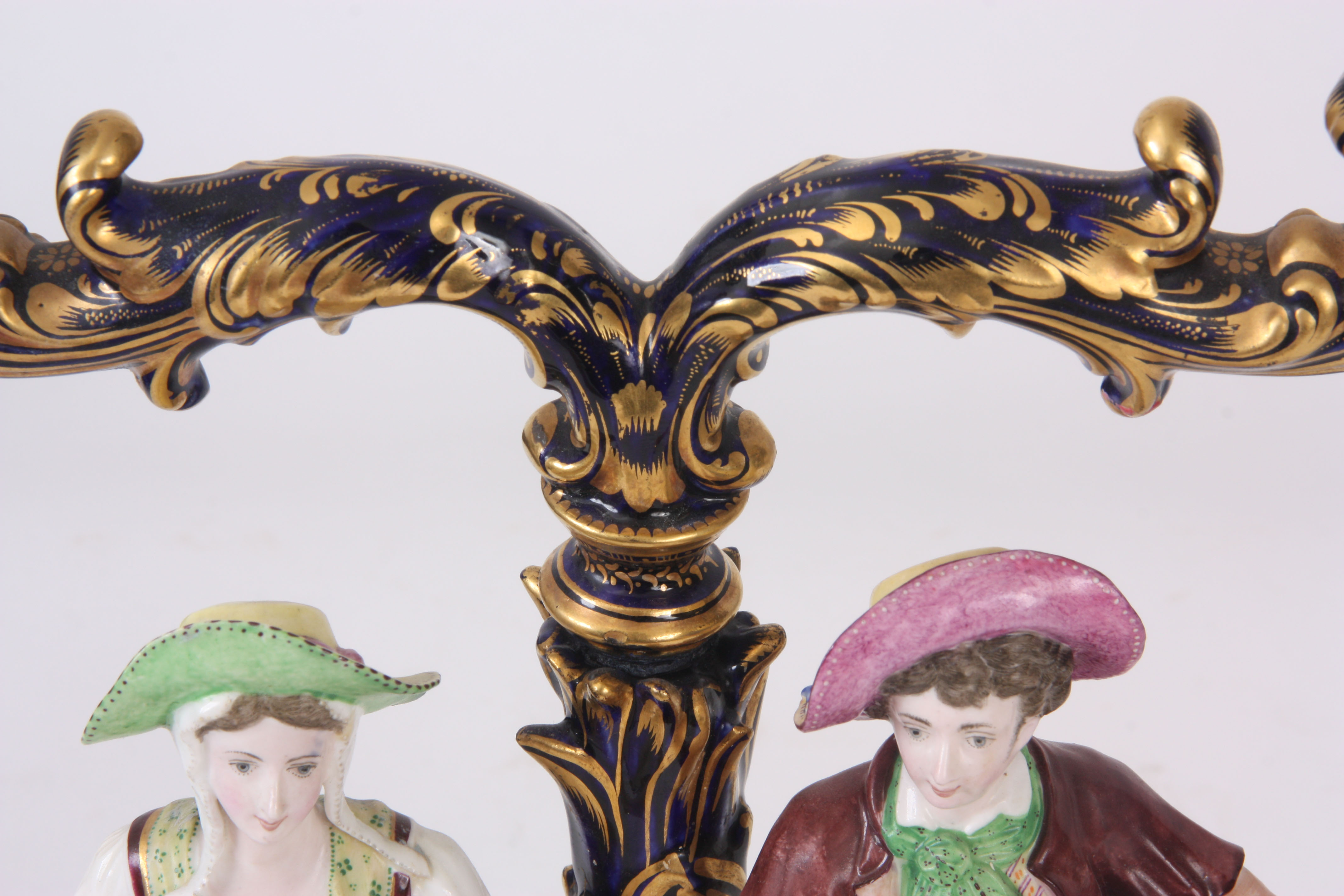A 19TH CENTURY MINTON TWO BRANCH CANDELABRA on Royal blue ground with gilt decoration, supporting - Image 7 of 8