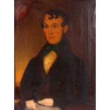 OIL ON CANVAS A 19TH CENTURY PORTRAIT OF A GENTLEMAN possibly American, naively painted and