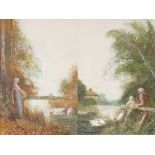 FRED HINES  PAIR OF WATERCOLOUR late 19th Century country river scenes of girls with swans 36.5 cm