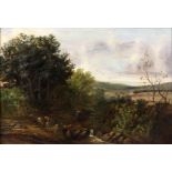 19TH CENTURY OIL ON CANVAS woodland sporting scene a gentleman with shotgun to foreground 44cm