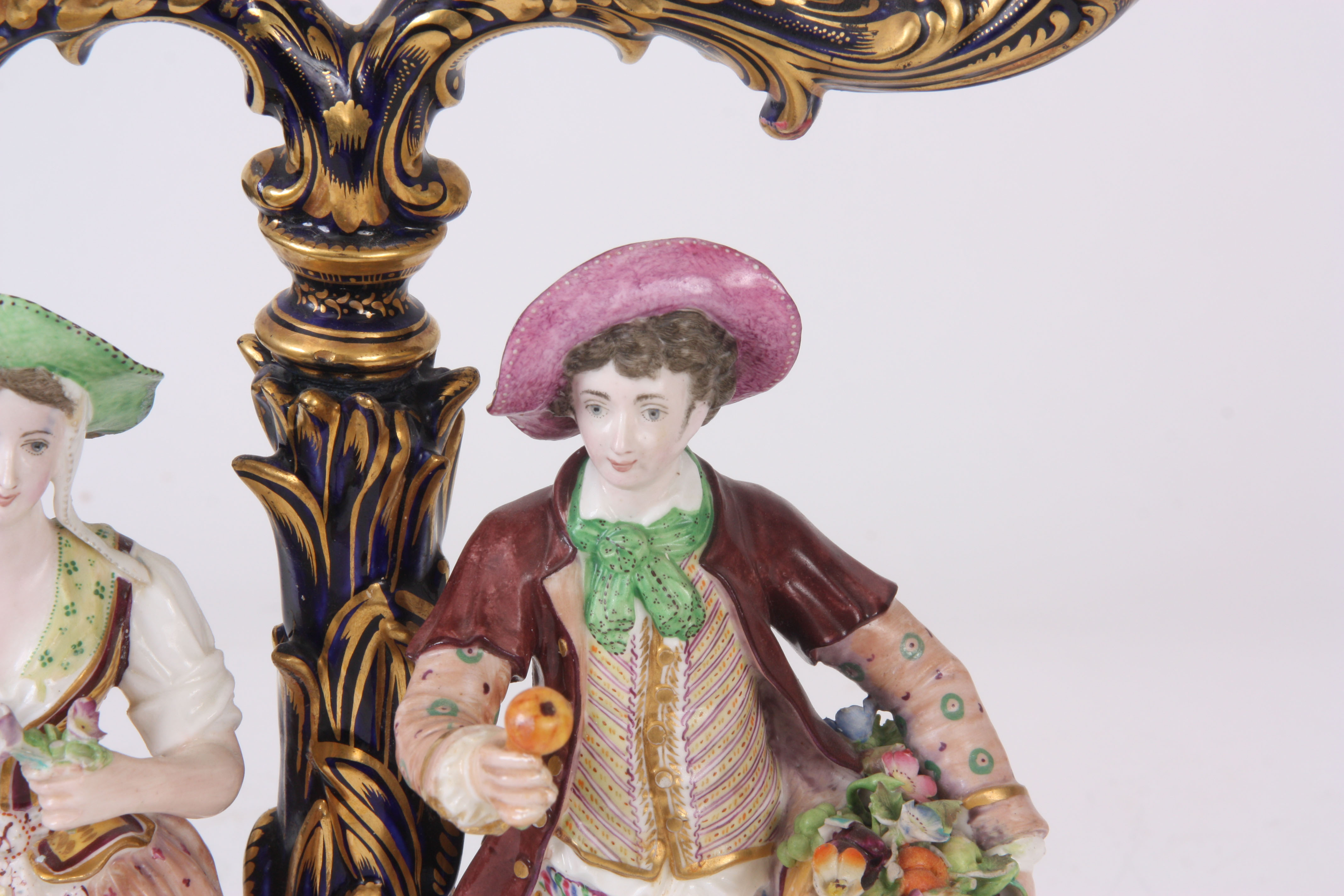 A 19TH CENTURY MINTON TWO BRANCH CANDELABRA on Royal blue ground with gilt decoration, supporting - Image 4 of 8