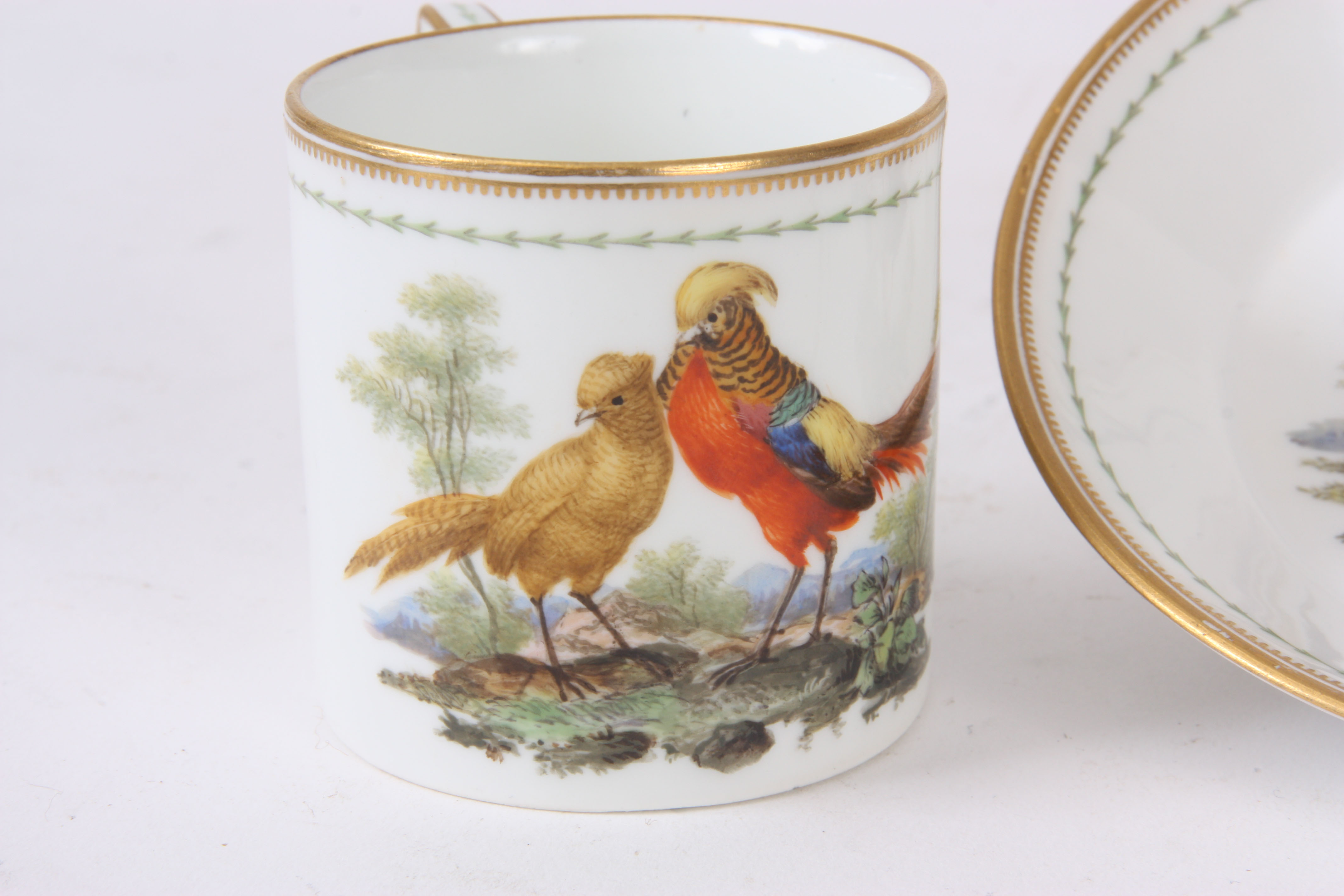 AN 18th CENTURY MEISSEN MARCOLINI PERIOD CABINET COFFEE CAN AND SAUCER finely decorated with cock - Image 2 of 5