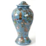 A 19TH CENTURY CHINESE DECALCOMANIAN GLASS BULBOUS VASE AND COVER on a pale blue ground, decorated