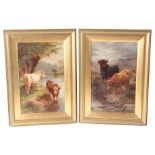 BASIL BRADLEY 1843 - 1904 A PAIR OF OILS ON CANVAS. Cattle watering 40cm high 25cm wide - signed and