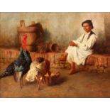 PESKE GEZA 1859 - 1934. OIL ON CANVAS. A large painting of a young boy with turkeys 106.5cm high