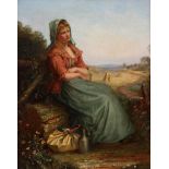 19TH CENTURY OIL ON CANVAS IRISH SCHOOL of a country scene with a young woman sat on tree stump 49cm