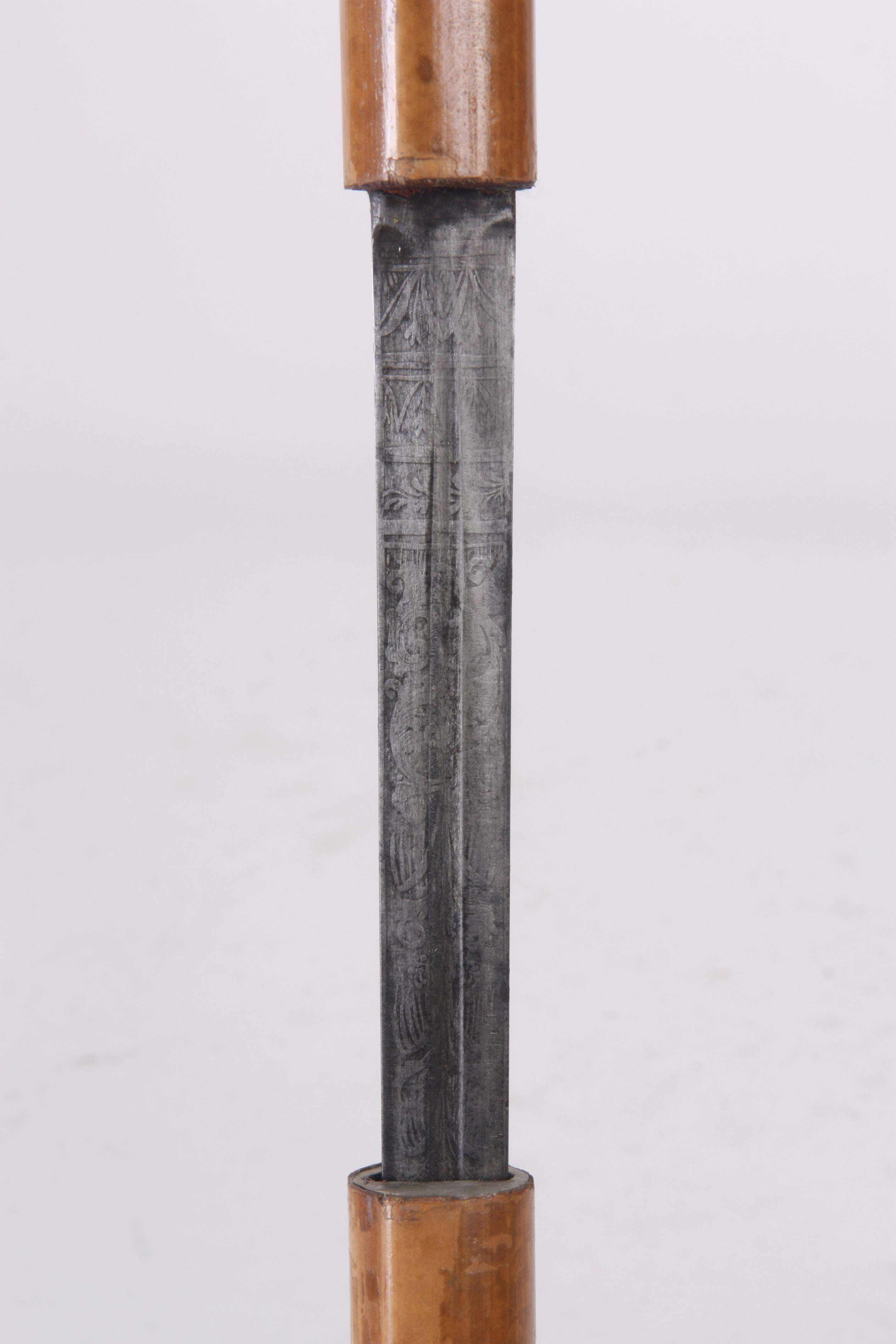 AN EARLY 19TH CENTURY MALACCA SILVER MOUNTED SWORD STICK with engraved steel blade and plain - Image 4 of 7