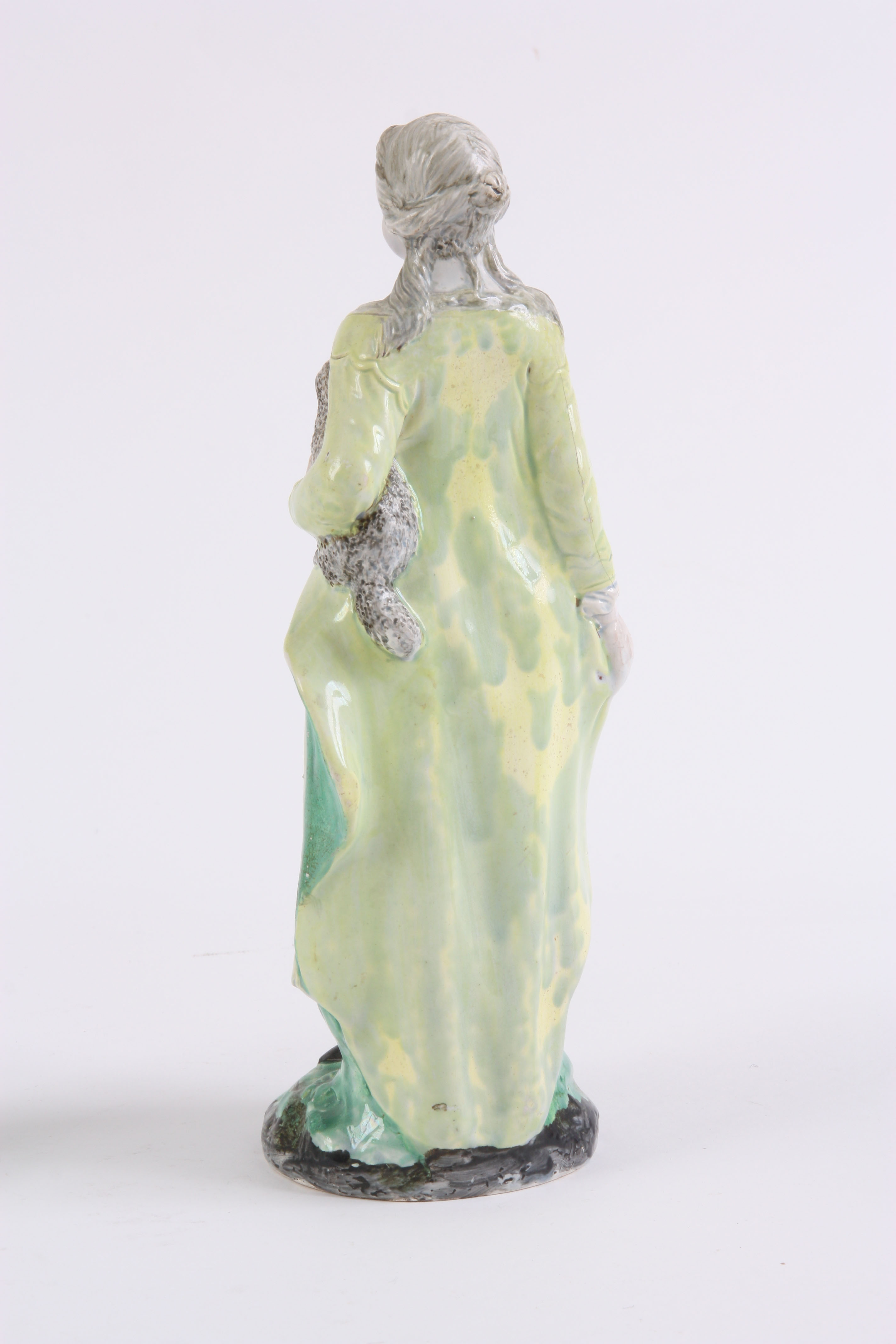 AN 18TH/EARLY 19TH CENTURY PRATT TYPE HOLLOW BASE POLYCHROME SHEPHERDESS FIGURE 26cm high and a - Image 5 of 13