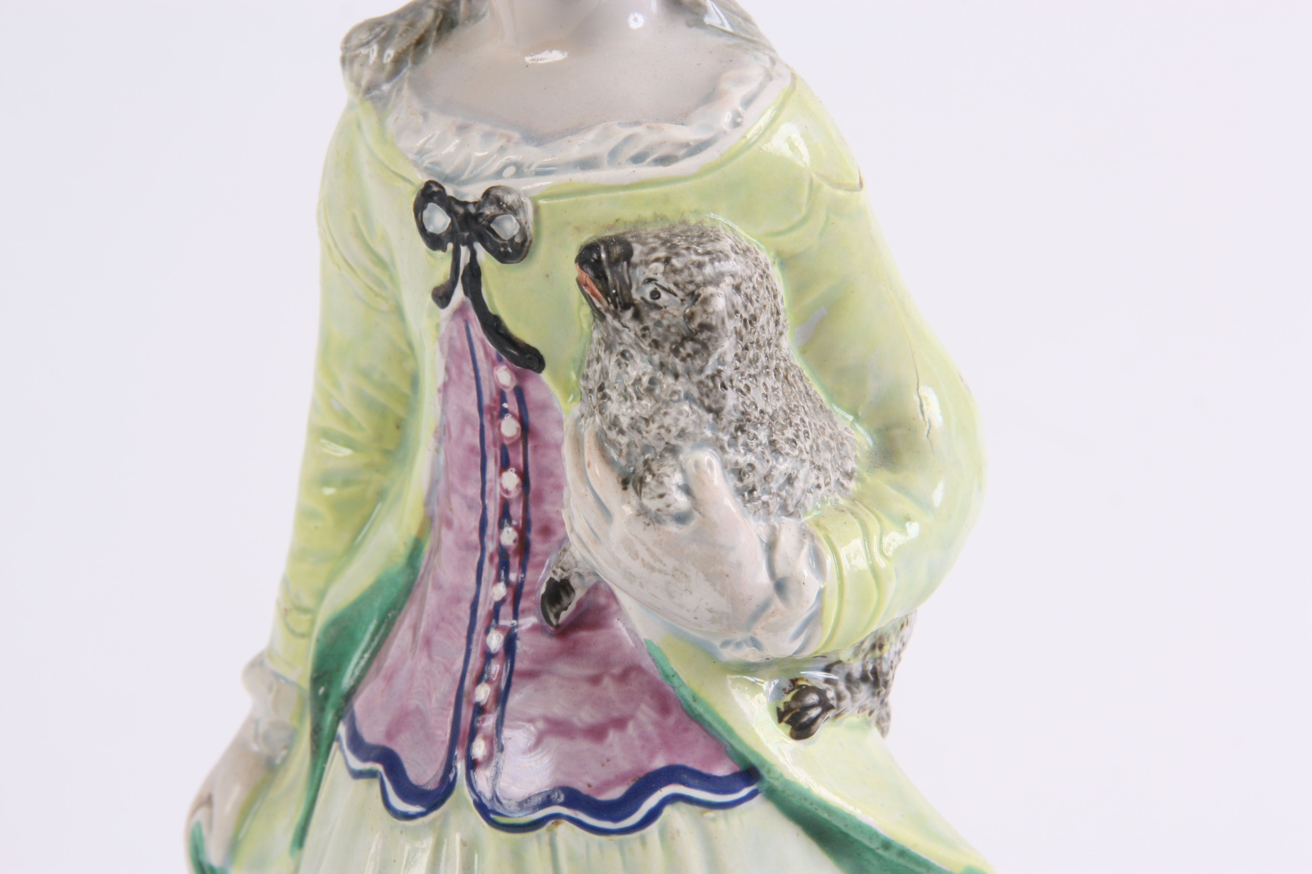 AN 18TH/EARLY 19TH CENTURY PRATT TYPE HOLLOW BASE POLYCHROME SHEPHERDESS FIGURE 26cm high and a - Image 3 of 13
