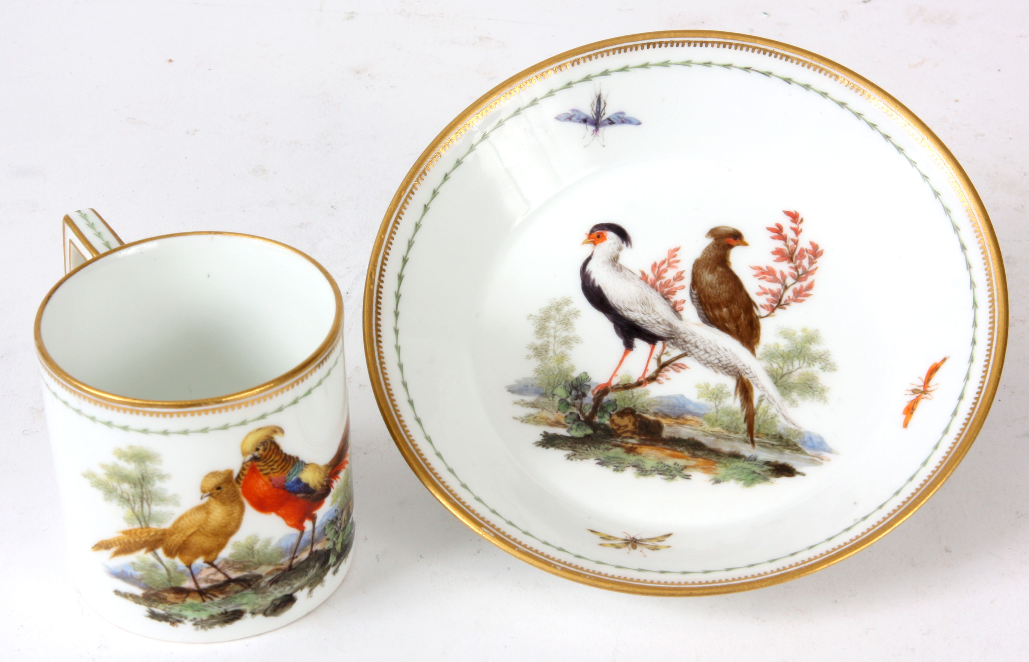 AN 18th CENTURY MEISSEN MARCOLINI PERIOD CABINET COFFEE CAN AND SAUCER finely decorated with cock