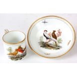 AN 18th CENTURY MEISSEN MARCOLINI PERIOD CABINET COFFEE CAN AND SAUCER finely decorated with cock