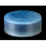 R. LALIQUE AN OPALESCENT AND BLUE STAINED GUI BOX with moulded mark to the lid and the base 10cm