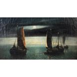 G. ALBRECHT. OIL ON CANVAS. A moonlight seascape with sailboats 24cm high 43cm wide