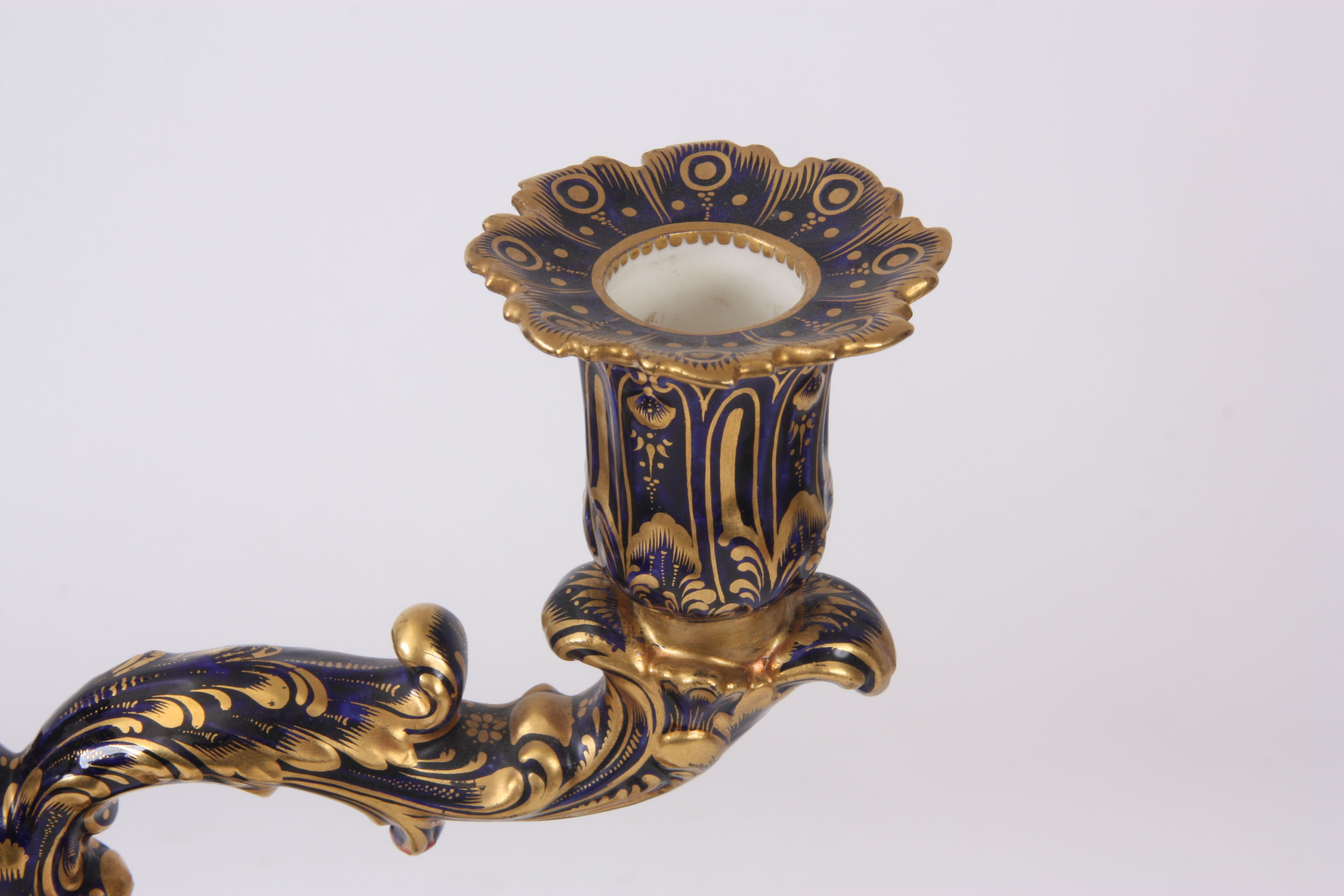 A 19TH CENTURY MINTON TWO BRANCH CANDELABRA on Royal blue ground with gilt decoration, supporting - Image 6 of 8