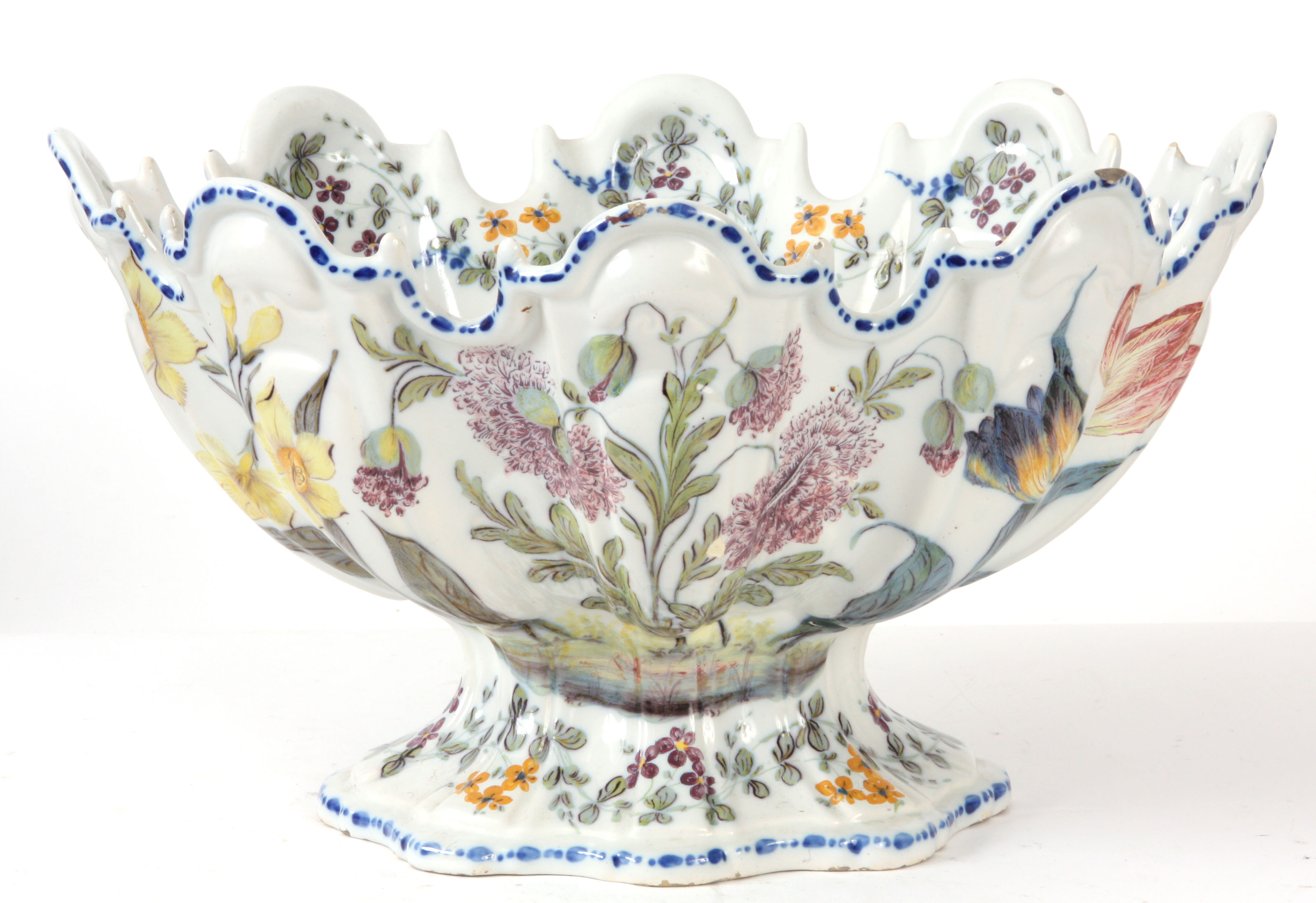 A LARGE  EARLY 19TH CENTURY ITALIAN FAIENCE POTTERY JARDINIERE PROBABLY BY NOVE with scalloped