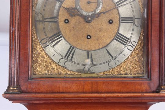 A GEORGE III MAHOGANY CASED QUARTER CHIMING LONGCASE CLOCK the hood having pagoda top above glazed - Image 3 of 8