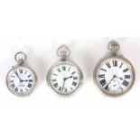 A SELECTION OF THREE OPEN FACED RAILWAY POCKET WATCHES one over size, in silver plated cases