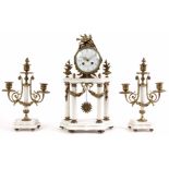 A LATE 19TH CENTURY WHITE MARBLE AND BRASS MOUNTED FRENCH CLOCK GARNITURE mounted with swag and bird