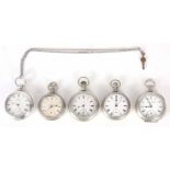 A SELECTION OF FIVE AMERICAN OPEN FACED POCKET WATCHES in silver plated cases