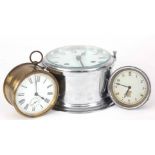 THREE Clocks comprising of a Smiths Car Clock 9cm diameter, a Chrome Ships Clock 15cm diameter and a