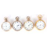 A SELECTION OF FOUR OPEN FACED POCKET WATCHES in gold plated cases